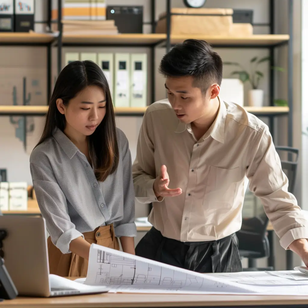 Two_Chinese_people_are_discussing_a_technical_plan